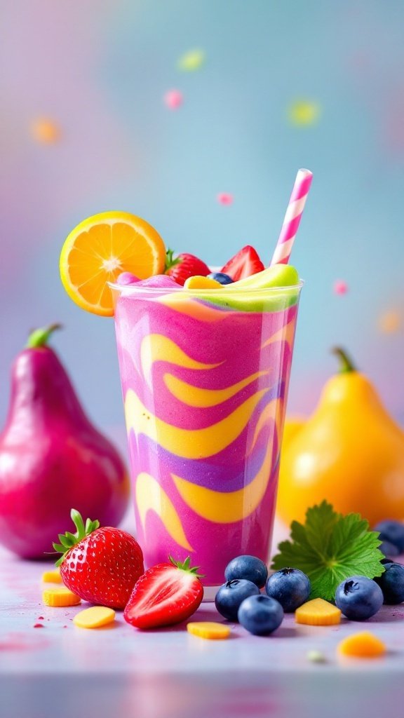 A colorful smoothie in a glass with fruits and a straw