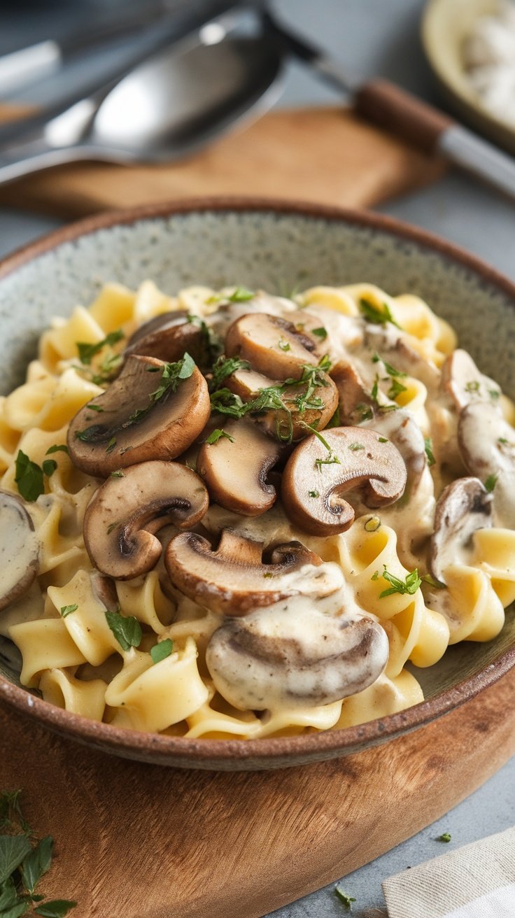 A bowl of garlic butter mushroom pasta topped with sliced mushrooms and parsley