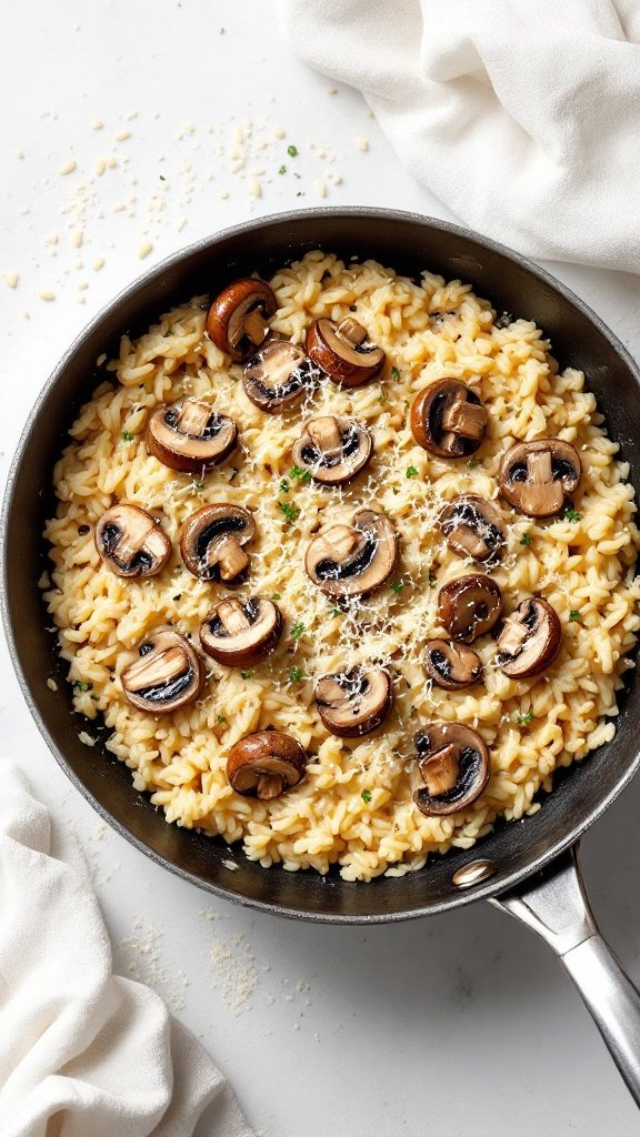 A delicious skillet of garlic butter mushroom risotto topped with sautéed mushrooms and parsley.