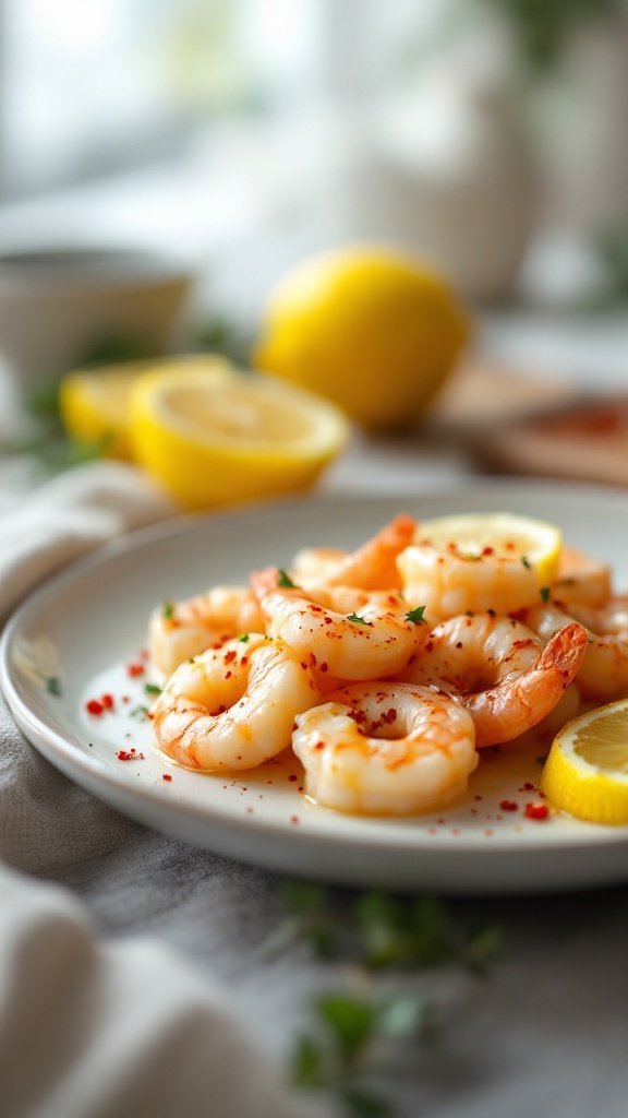 A plate of garlic butter shrimp garnished with lemon and herbs