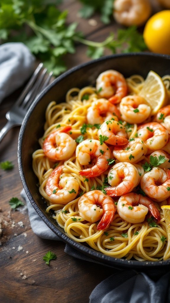 A plate of garlic shrimp scampi with pasta, garnished with parsley and lemon.