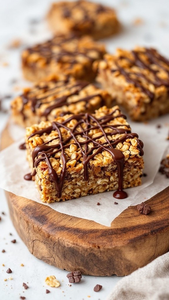 Granola bars with a chocolate drizzle on top, placed on a wooden board.