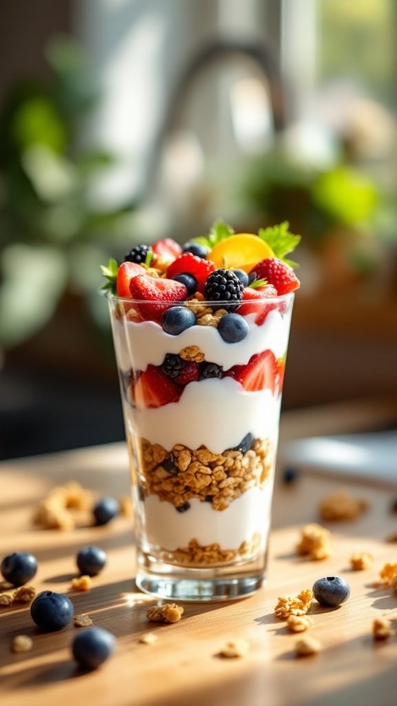 A delicious Greek yogurt parfait layered with granola and fresh fruits.
