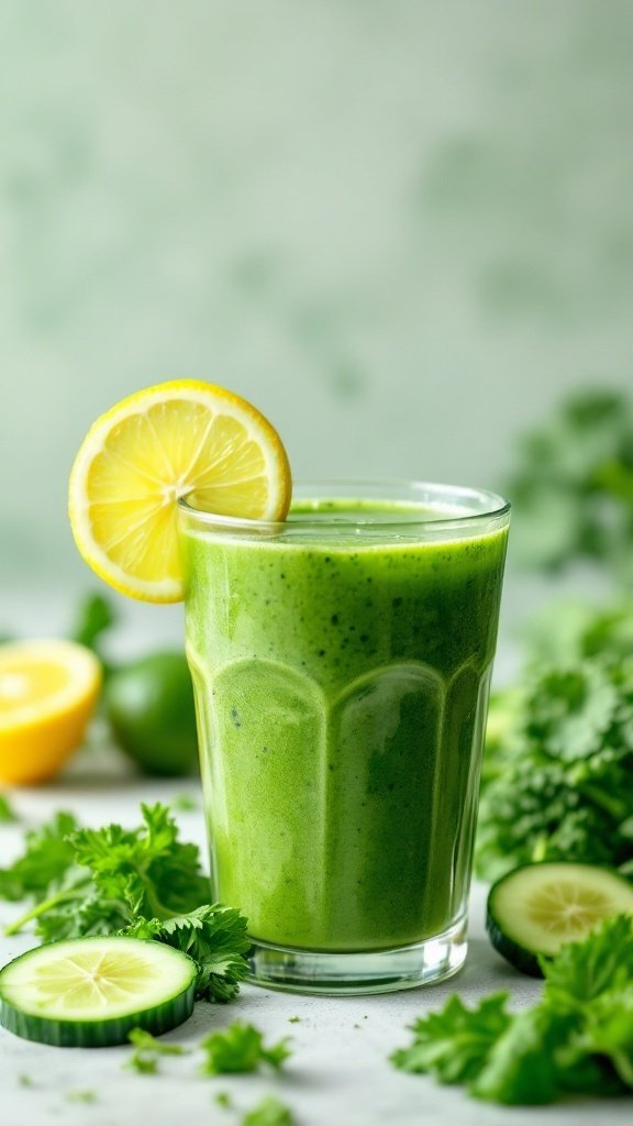 A green detox smoothie in a glass with lemon slice garnish