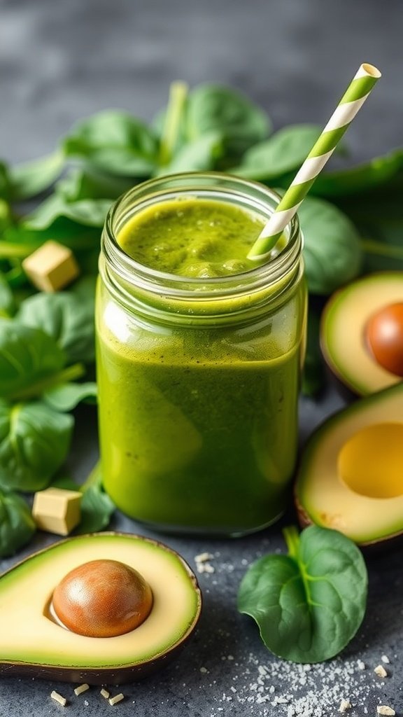 Green Spinach and Avocado Smoothie in a jar with a straw