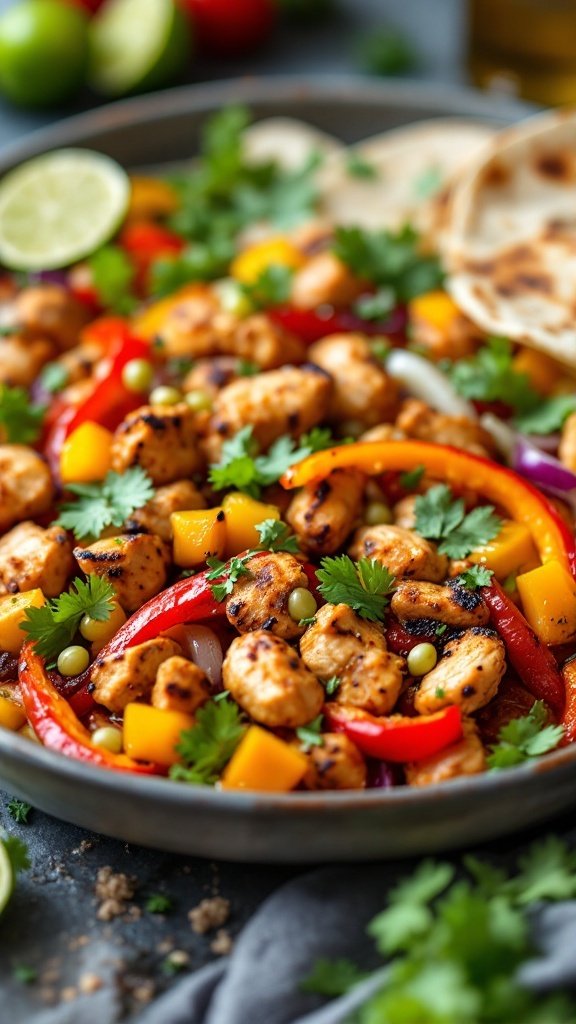 Grilled chicken fajitas with colorful vegetables and garnishes.