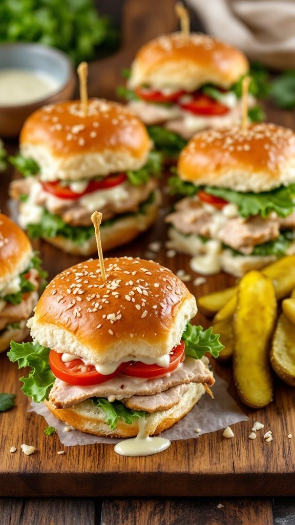 Five ground turkey sliders topped with lettuce, tomatoes, and sauce, served with pickles.