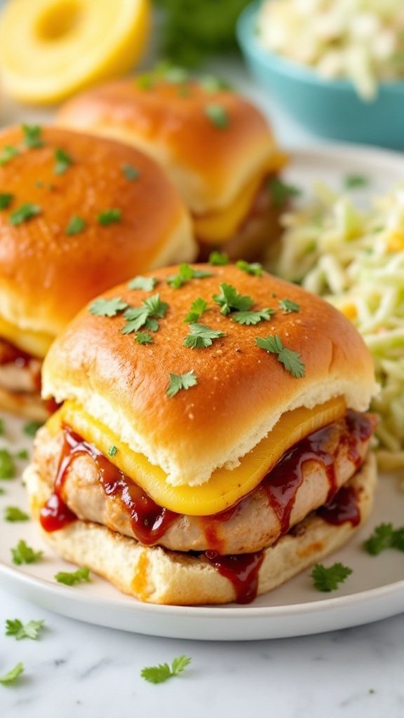 Hawaiian turkey burger sliders with barbecue sauce and fresh cilantro on a plate