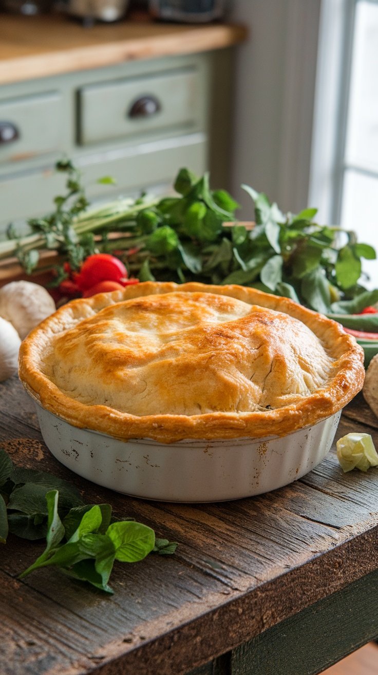 A golden brown chicken pot pie on a wooden table surrounded by fresh vegetables.