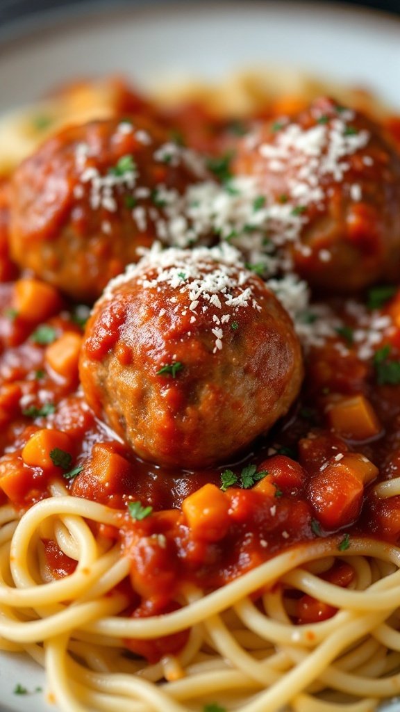 Delicious hidden veggie meatballs served in tomato sauce over spaghetti.