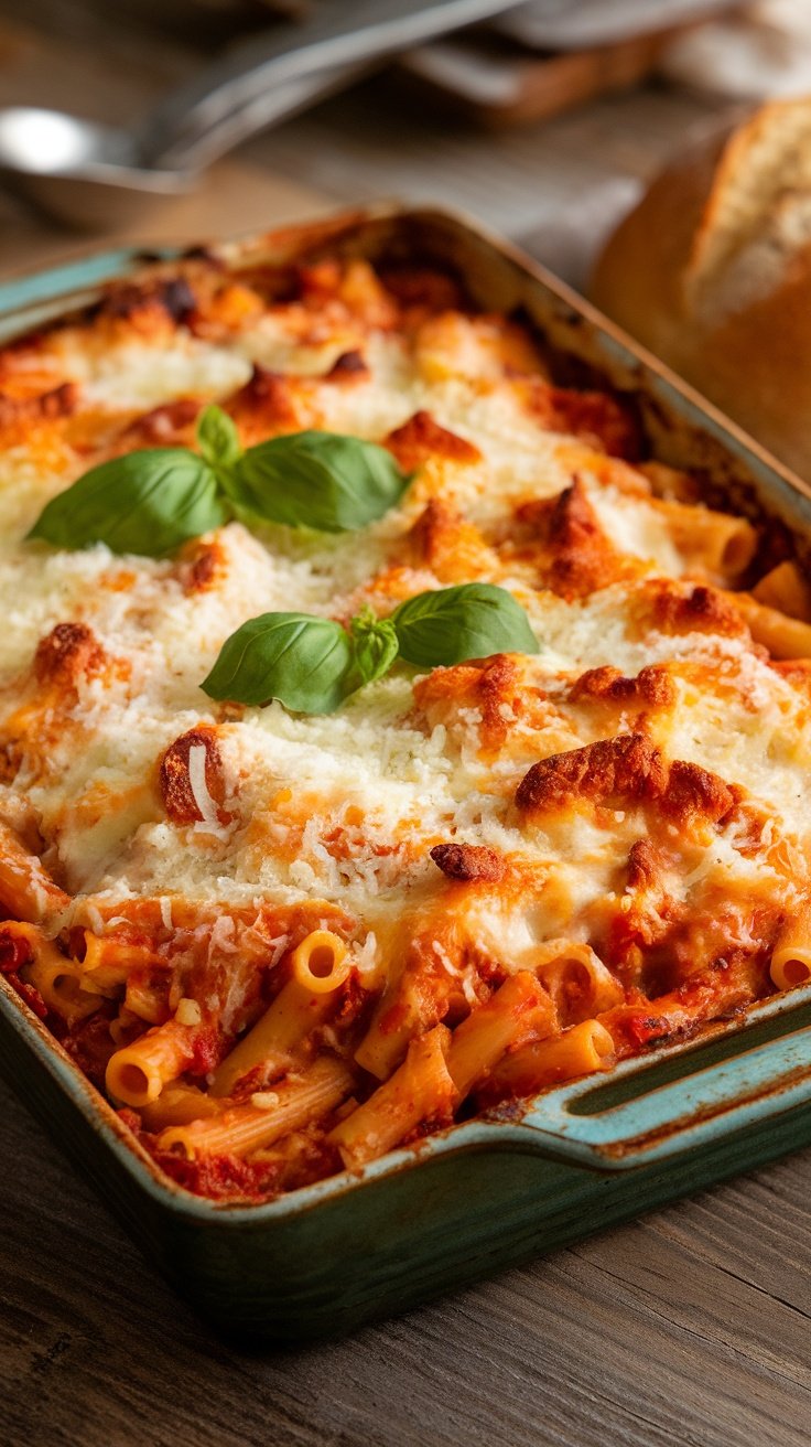 A delicious baked ziti with melted cheese and fresh basil on top.