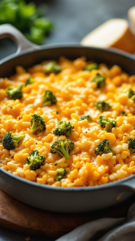 A creamy and cheesy broccoli rice casserole topped with broccoli florets.