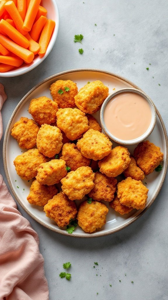 Plate of homemade chicken nuggets with dipping sauce and carrots