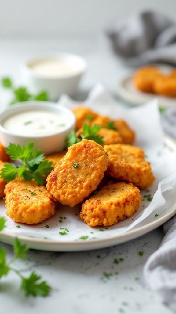 A plate of crispy homemade chicken nuggets garnished with parsley