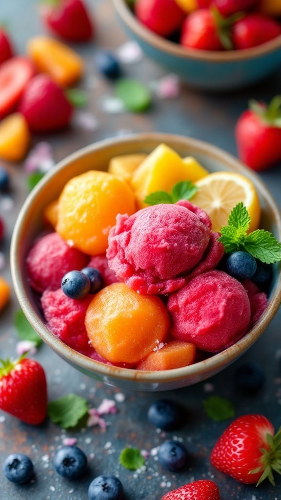 Colorful bowls of fruit sorbet with fresh fruit garnishes.