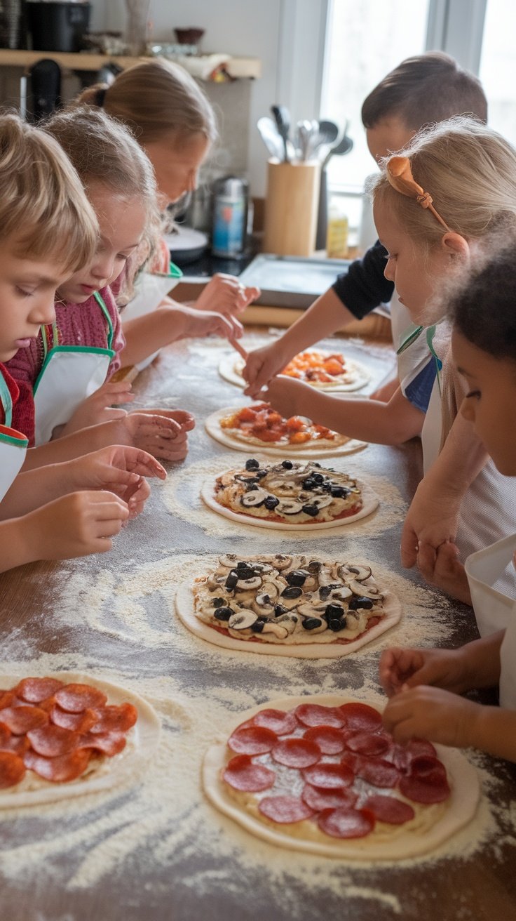 Children making homemade pizzas with various toppings on a table.