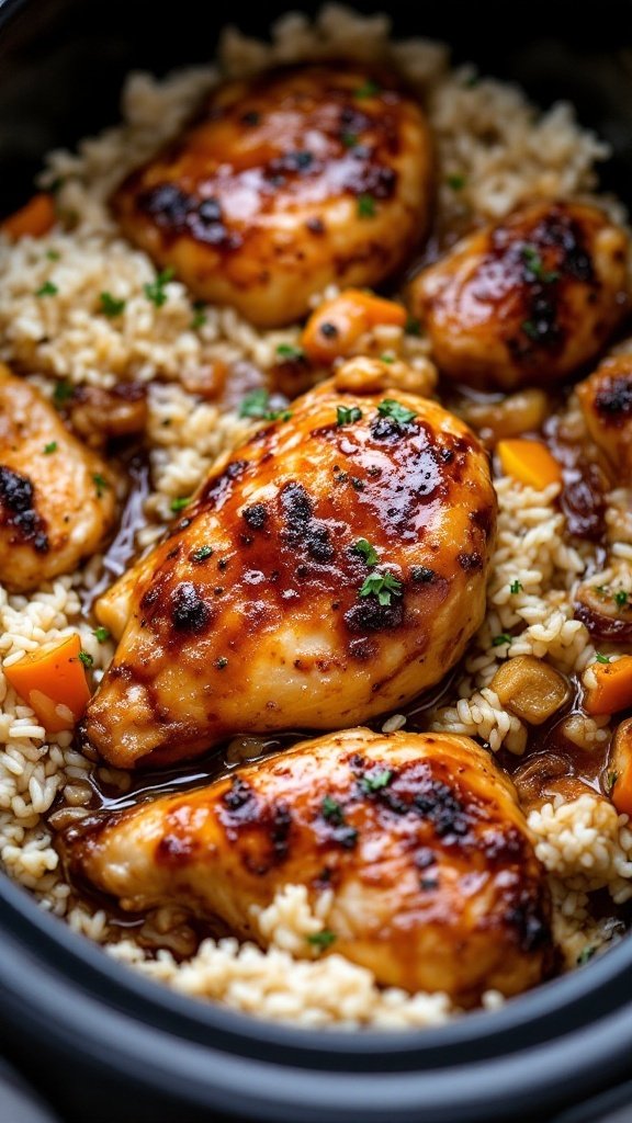 A plate of honey garlic chicken served with rice and garnished with green onions.