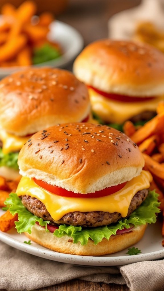 A plate of turkey burger sliders with cheese, lettuce, tomato, and sweet potato fries.