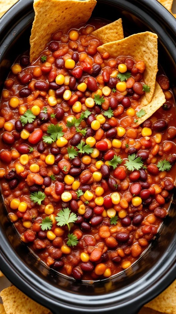 A bowl of taco chili with beans, corn, and tortilla chips