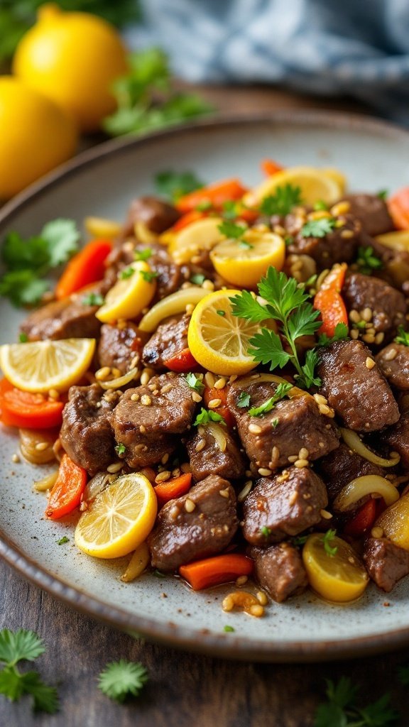 A vibrant plate of Lemon Garlic Beef Stir-Fry featuring tender beef, colorful bell peppers, and fresh lemon slices.