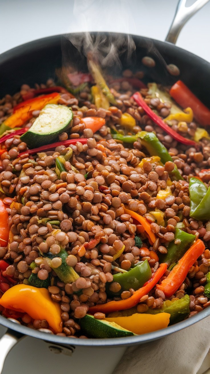 A vibrant lentil and vegetable stir-fry rich in color and texture.