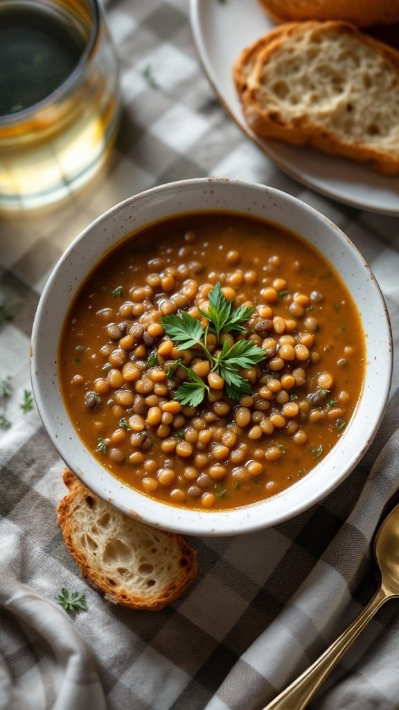 Bowl of lentil soup topped with parsley, accompanied by slices of crusty bread.