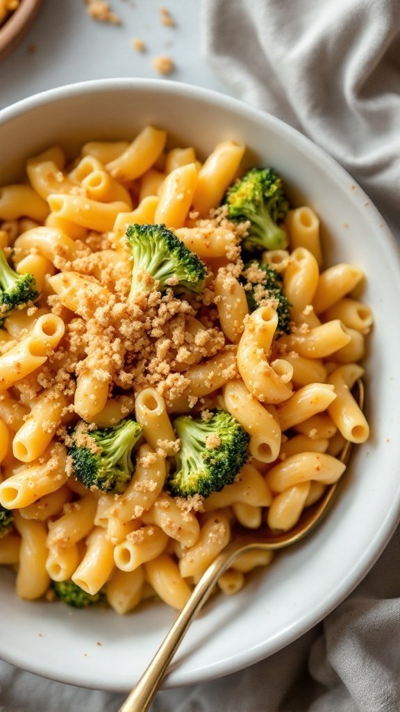 A bowl of macaroni and cheese with broccoli and bread crumbs on top.