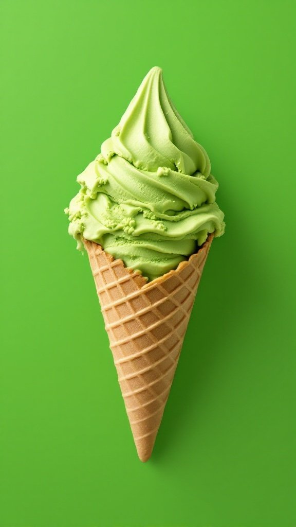 A delicious cone of matcha green tea ice cream.