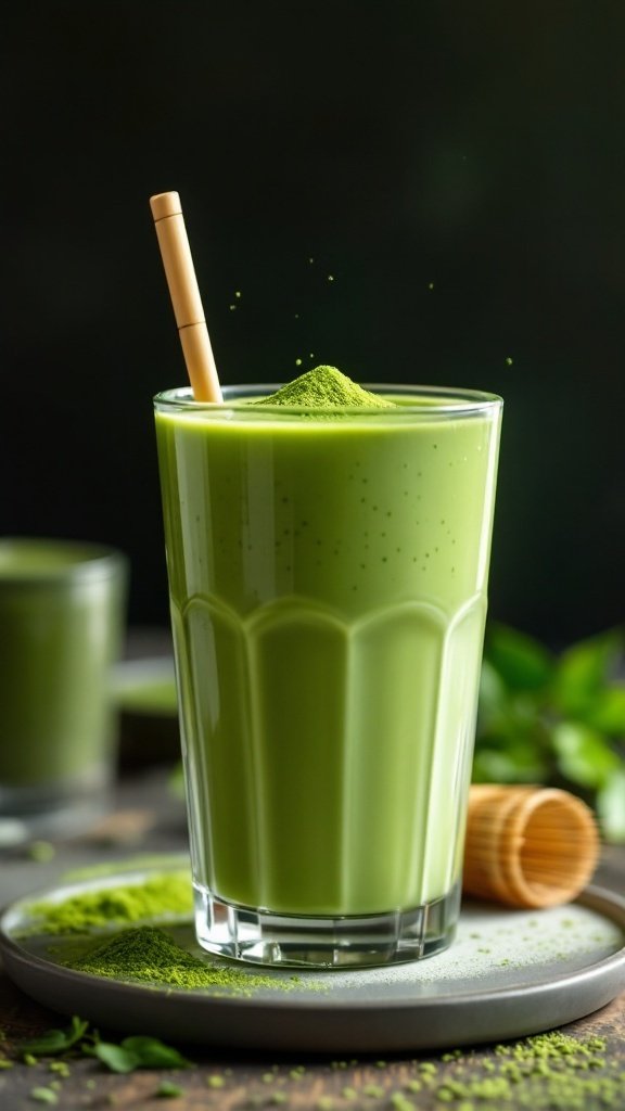 A vibrant Matcha Green Tea Smoothie in a tall glass with a straw.