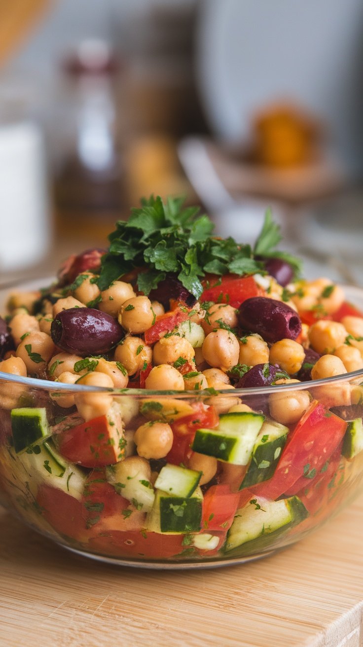 A colorful Mediterranean Chickpea Salad with cucumbers, tomatoes, olives, and chickpeas.