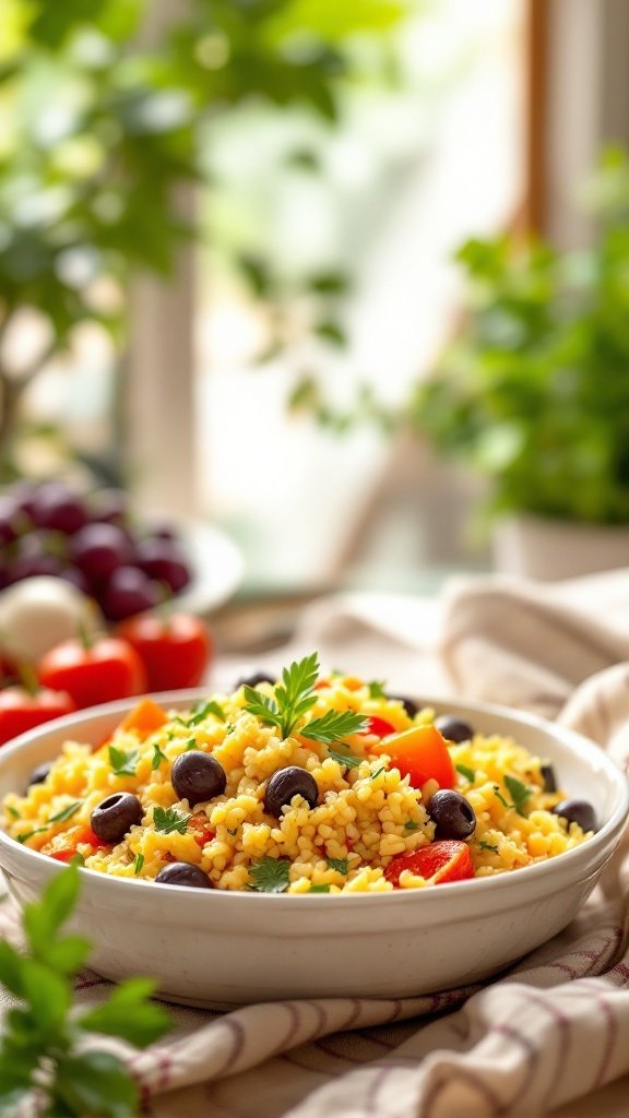 A colorful Mediterranean couscous casserole with olives, peppers, and herbs.