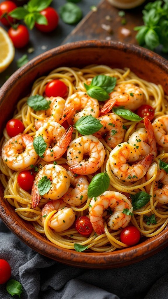 A bowl of Mediterranean shrimp scampi with spaghetti, cherry tomatoes, and basil