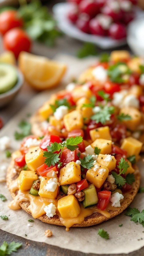 Melted Cheese and Veggie Tostadas with diced vegetables and cheese on crispy shells