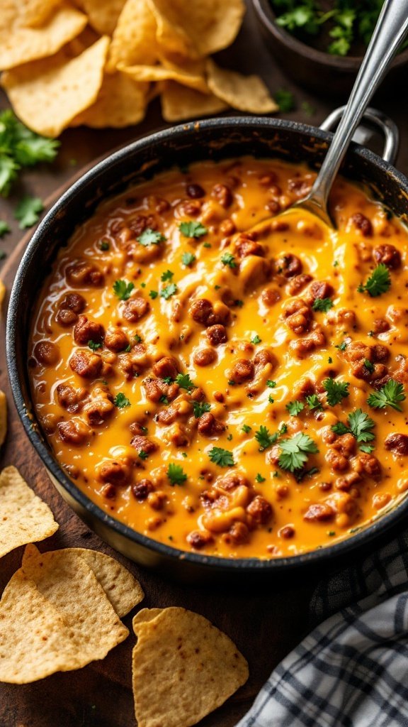 A creamy and cheesy chorizo dip served with tortilla chips.