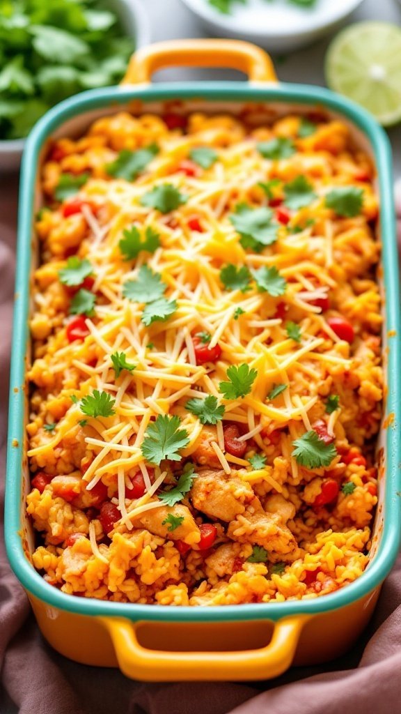 A colorful Mexican Chicken and Rice Bake topped with cheese and fresh cilantro.