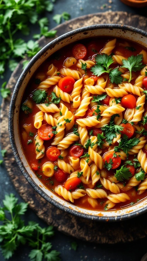 Bowl of minestrone soup with pasta, tomatoes, and fresh herbs.