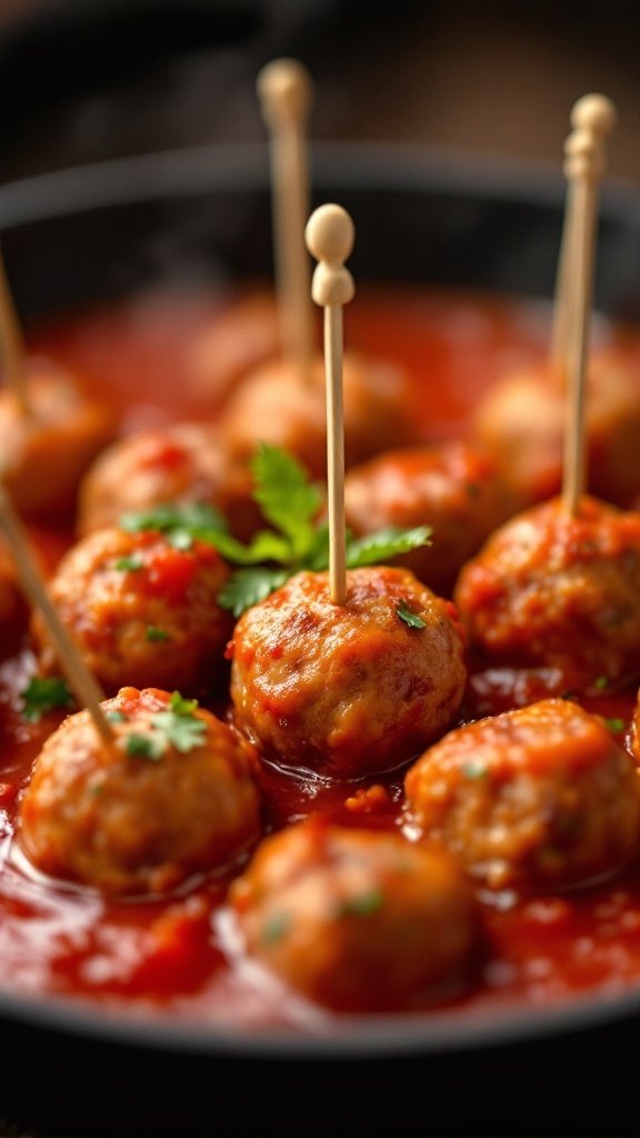 Delicious mini meatballs in marinara sauce, garnished with parsley.