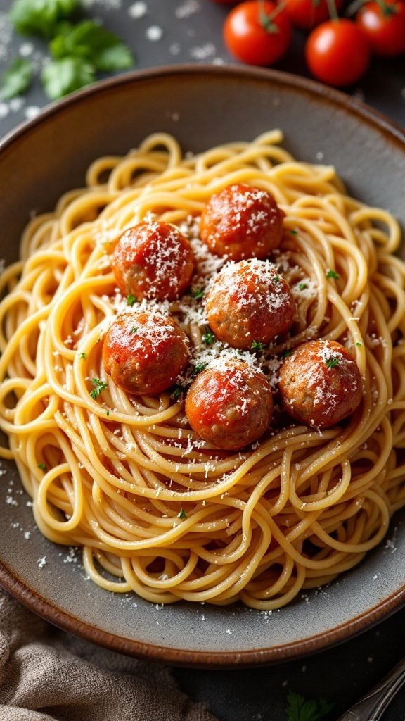 A plate of spaghetti topped with mini meatballs and sprinkled with Parmesan cheese.