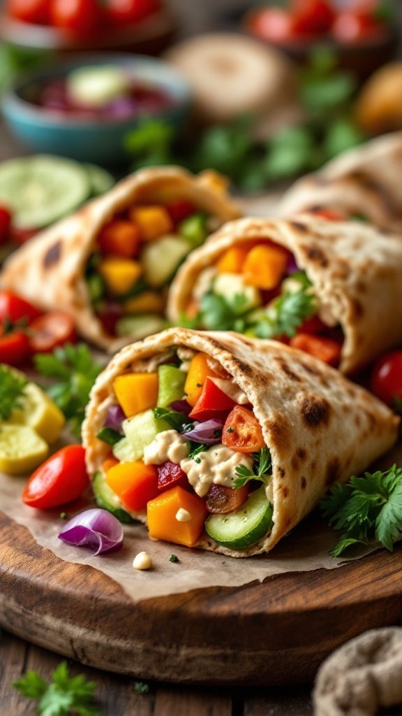 Mini pita pockets filled with hummus and colorful vegetables on a wooden platter