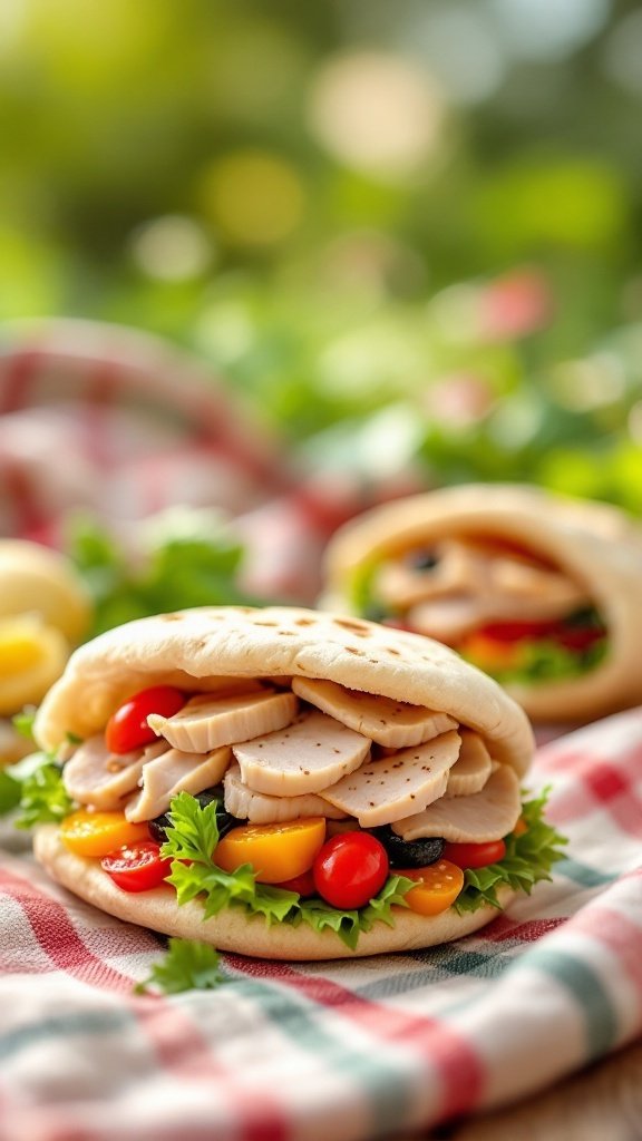 Mini pita sandwiches filled with turkey, vegetables, and lettuce.