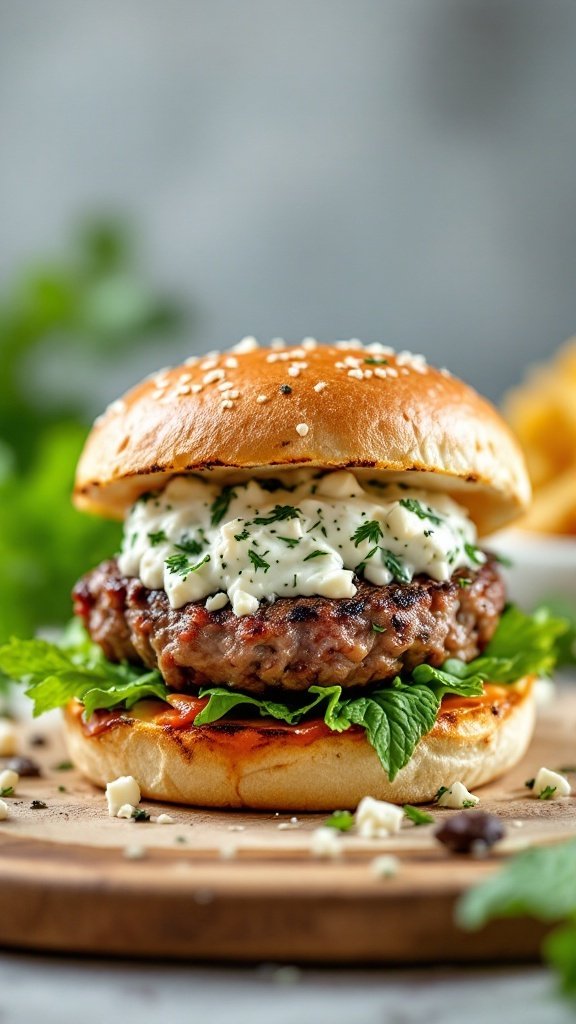 Mint lamb burger slider with yogurt sauce, lettuce, and sesame seed bun on a wooden board