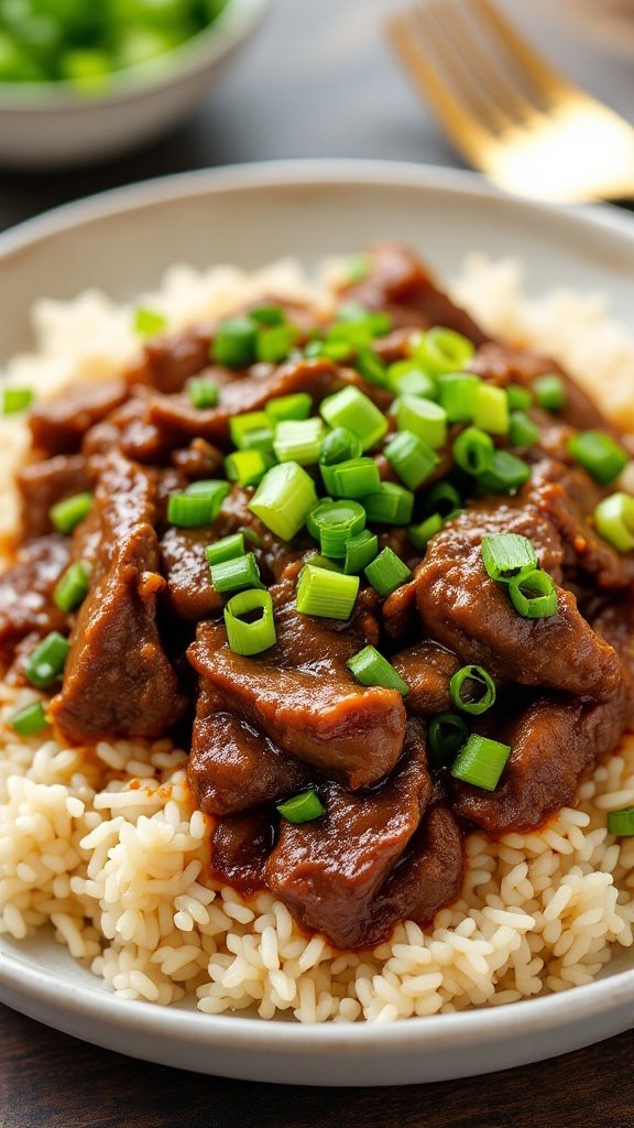 A bowl of Mongolian Beef with green onions over rice