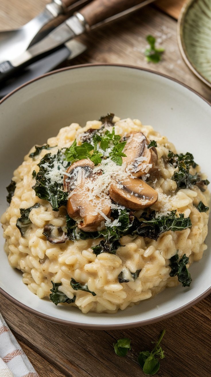 A bowl of creamy mushroom and kale risotto garnished with fresh herbs.