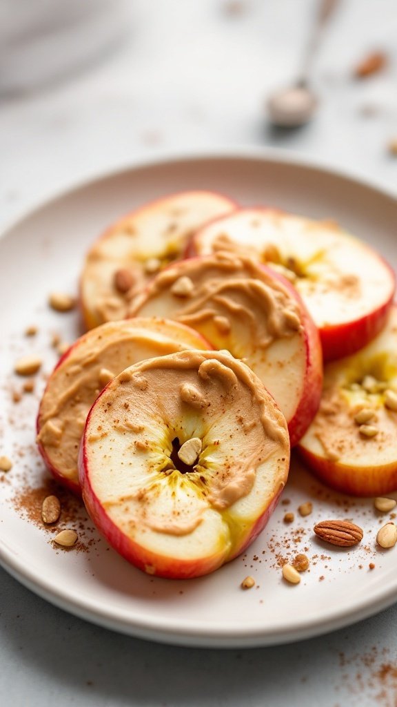 Nut butter spread on apple slices, garnished with nuts and cinnamon.