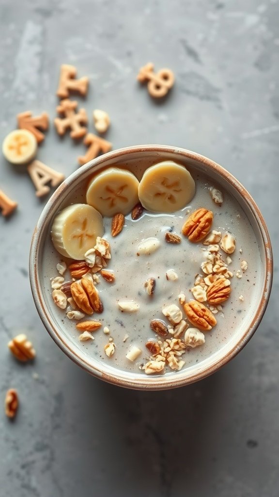 Nutty Banana Oatmeal Smoothie topped with sliced bananas and nuts