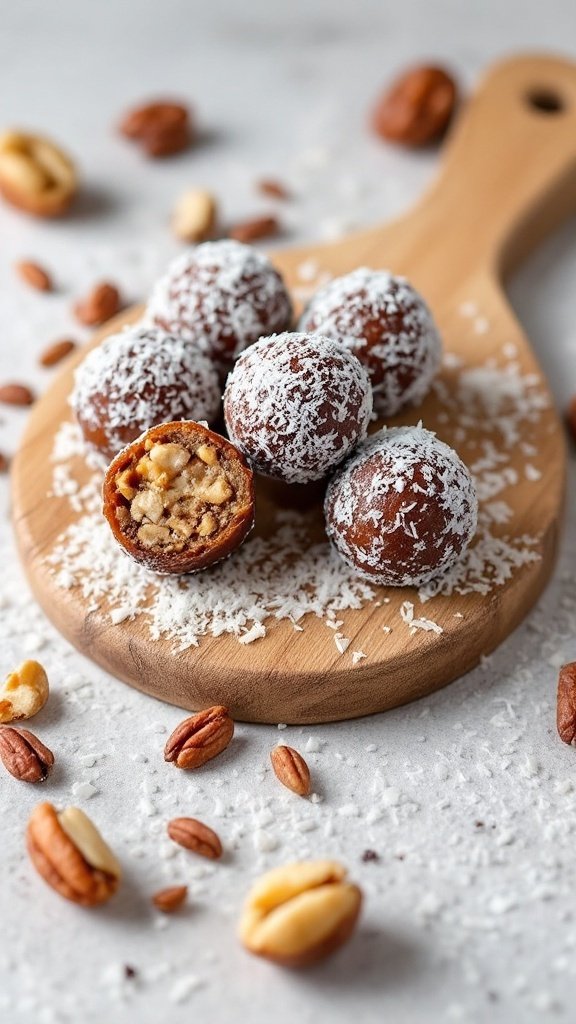 A platter of nutty date balls rolled in coconut, showcasing their chewy texture and nutty flavor.