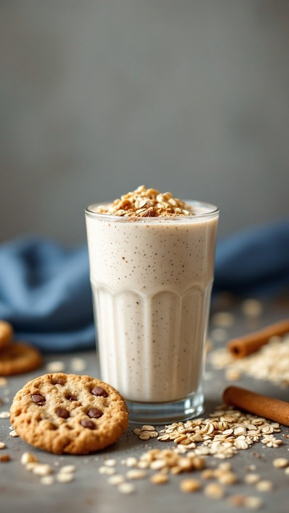 A creamy oatmeal cookie smoothie garnished with oats, set against a light background.