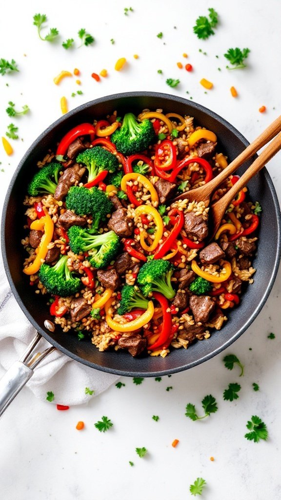 A colorful beef and broccoli stir-fry with bell peppers and rice