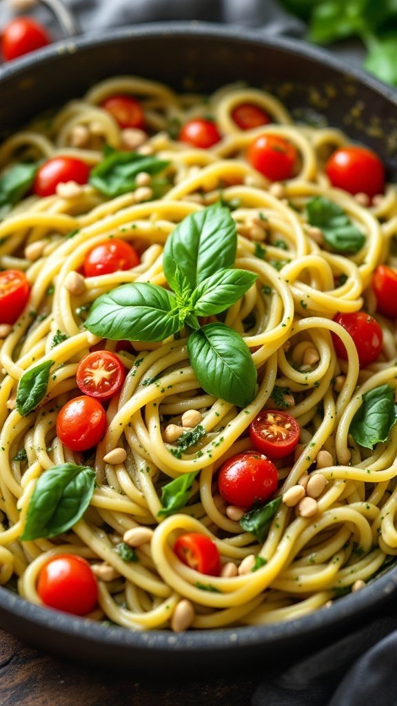 A delicious one-pan pesto pasta with cherry tomatoes and basil.