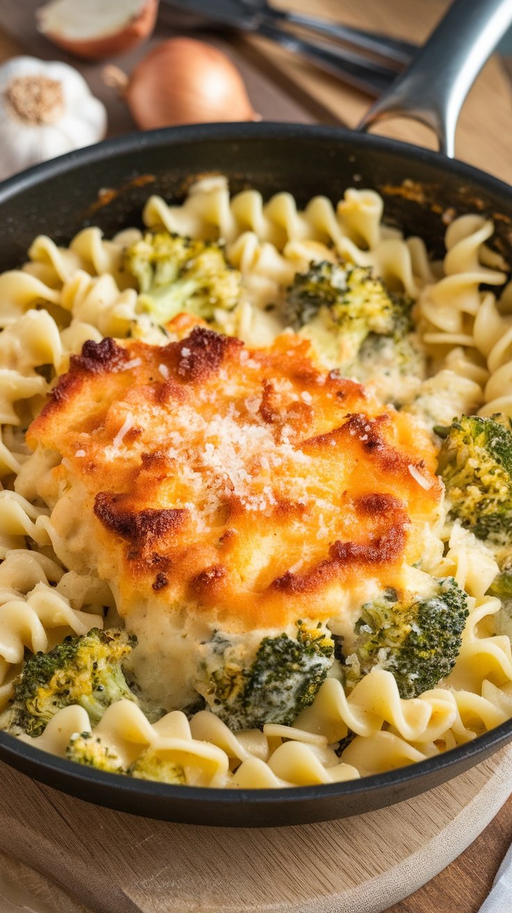 A delicious serving of One-Pot Cheesy Broccoli Pasta, featuring rotini pasta and broccoli in a creamy cheese sauce.